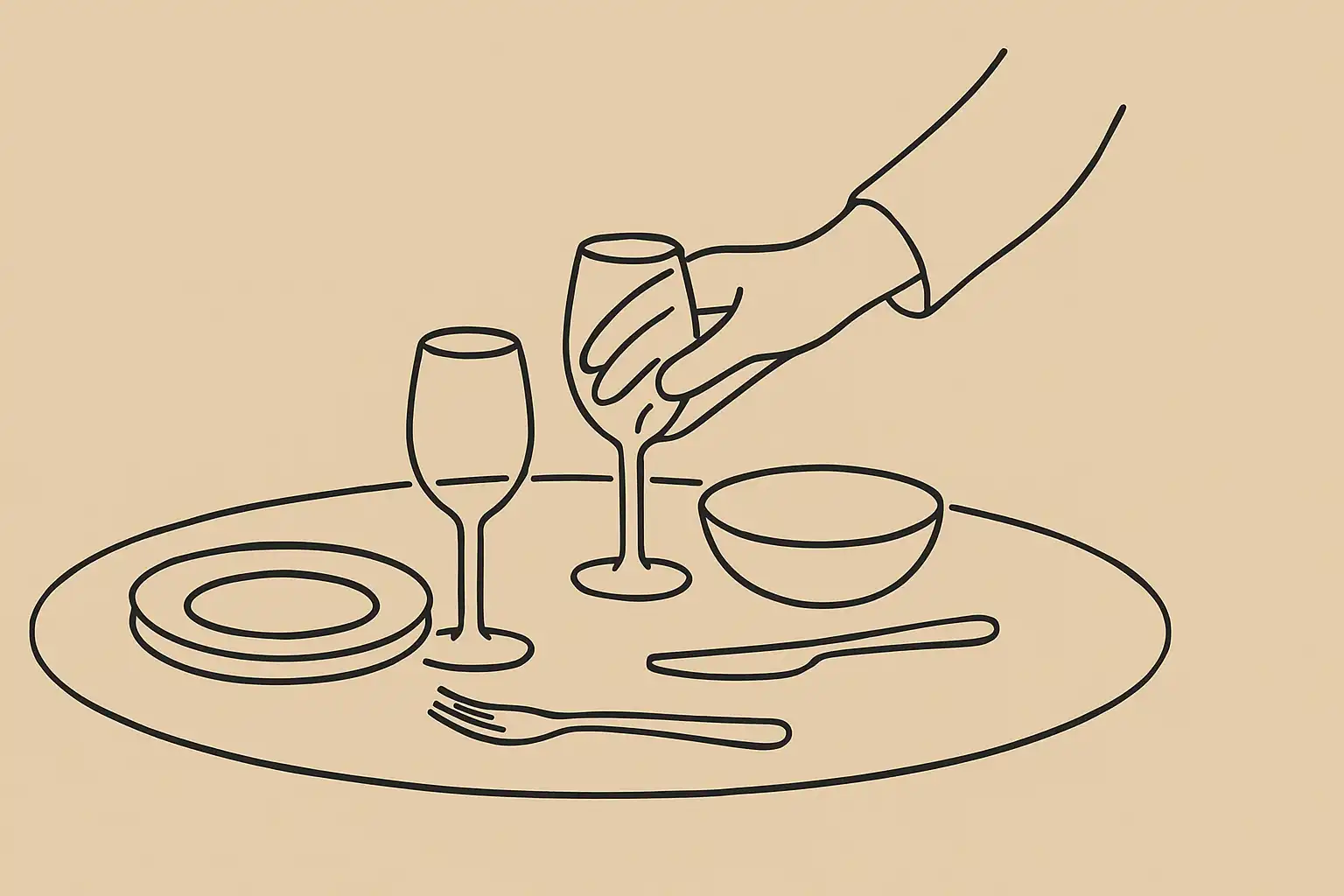 Main plaçant le dernier verre sur une table dressée