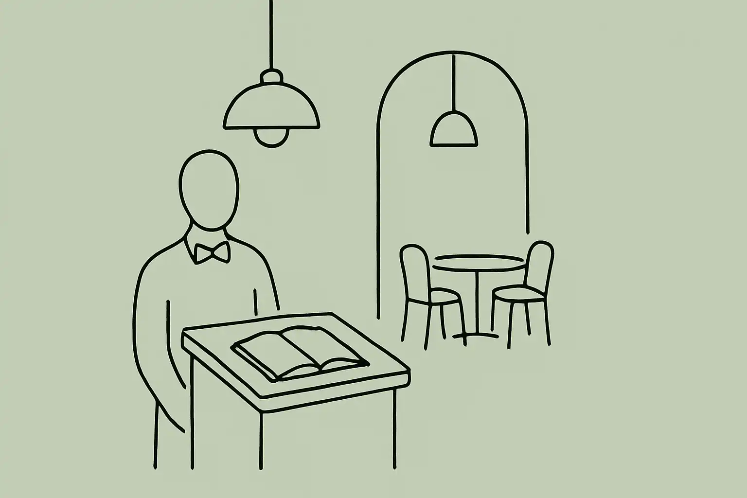 A restaurant host stand with an open reservation book and an empty table waiting in the background