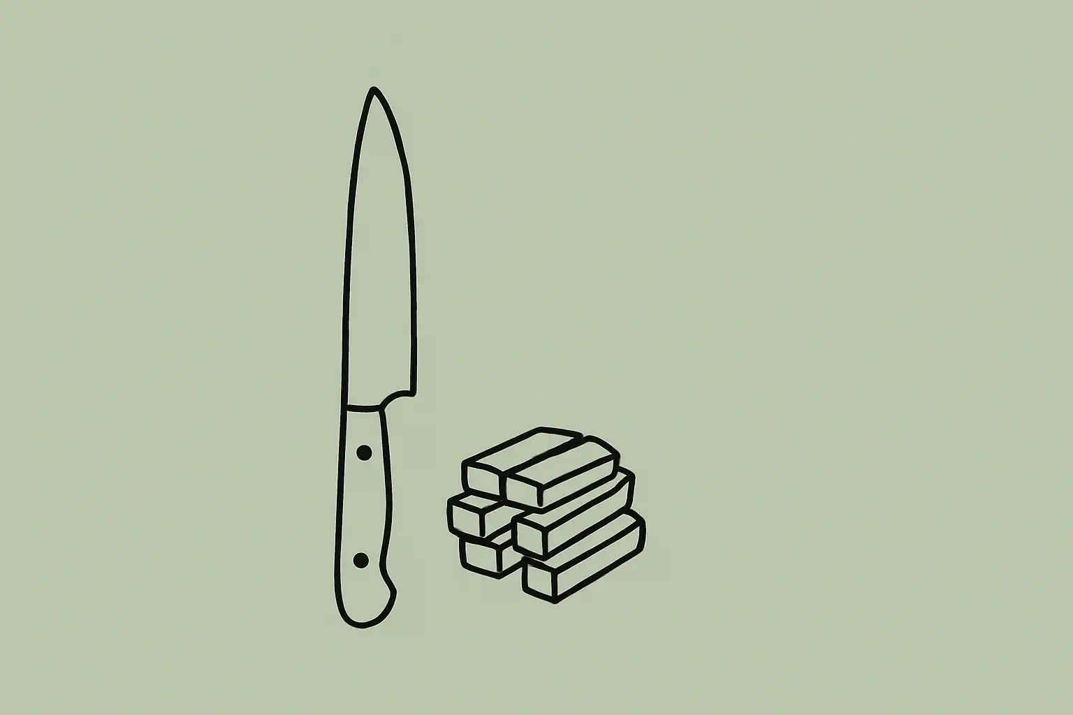 A chef's knife beside a small, precise pile of cut vegetables on a bare surface