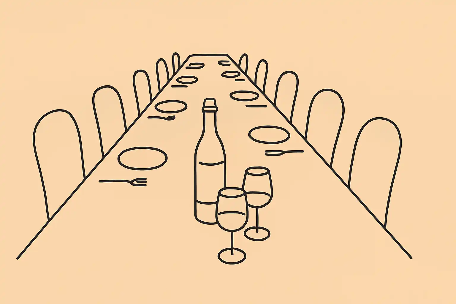 Italian communal dinner table set and waiting, wine bottle and glasses in place