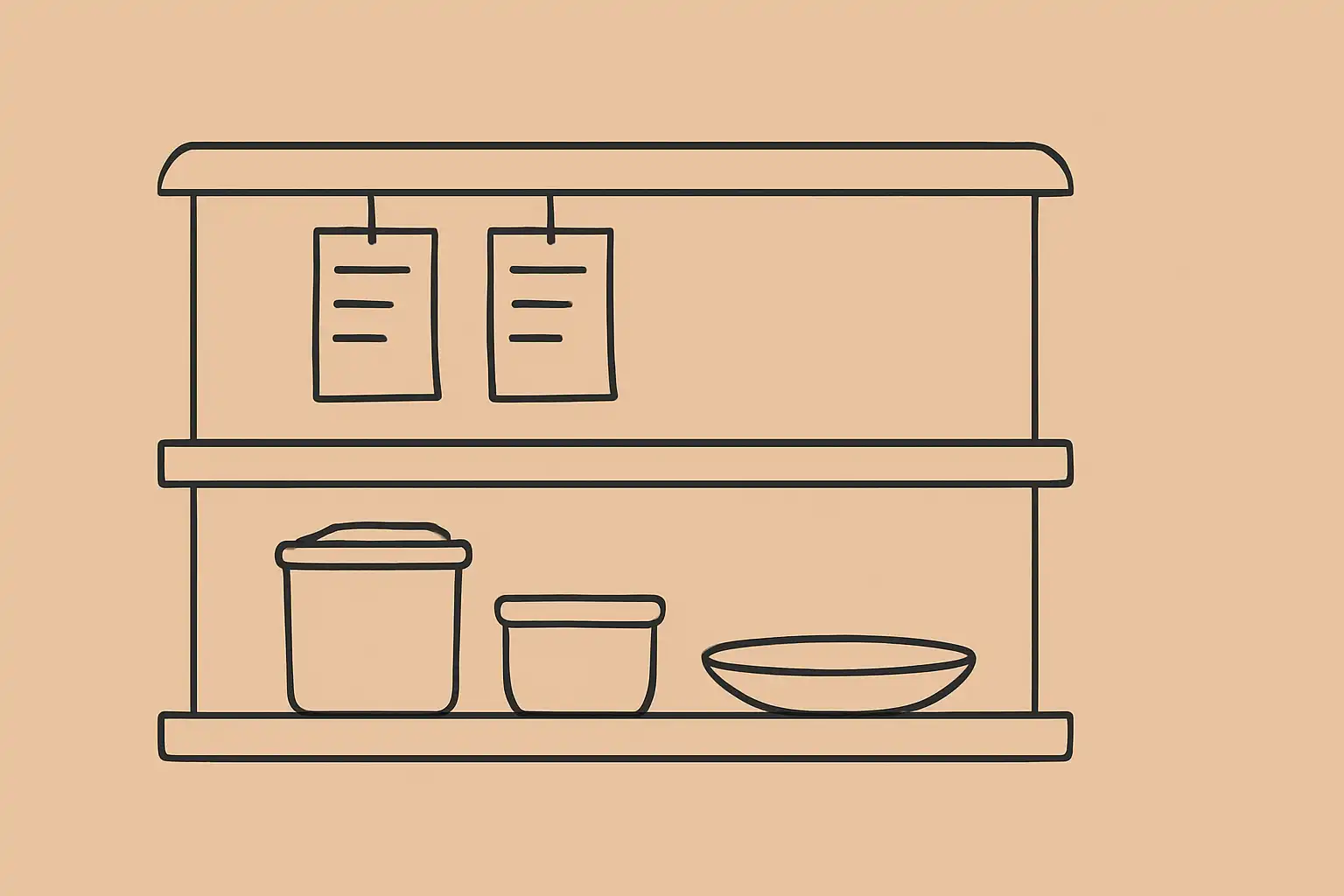 Two order rails at a restaurant pass with delivery containers and dine-in plates side by side