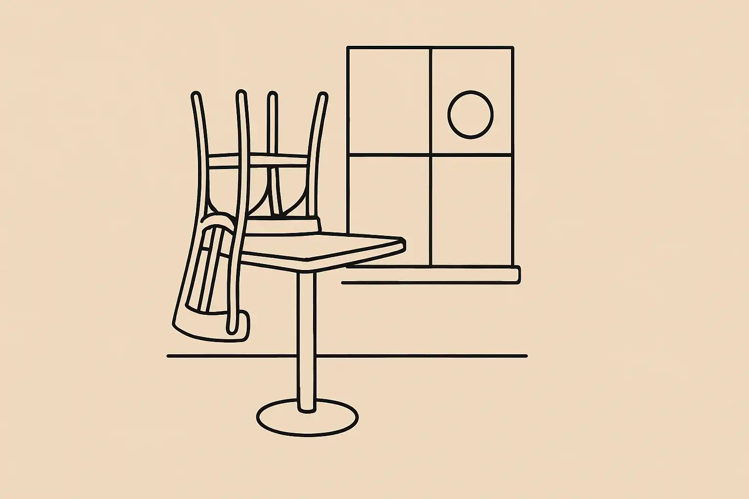 Chaise renversée sur une table de restaurant vide, lumière matinale