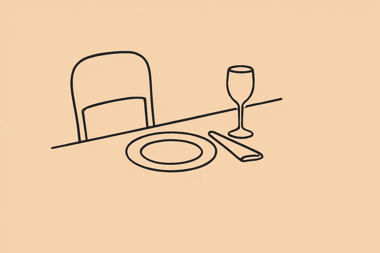 A restaurant table set for one guest, empty chair pulled back, waiting