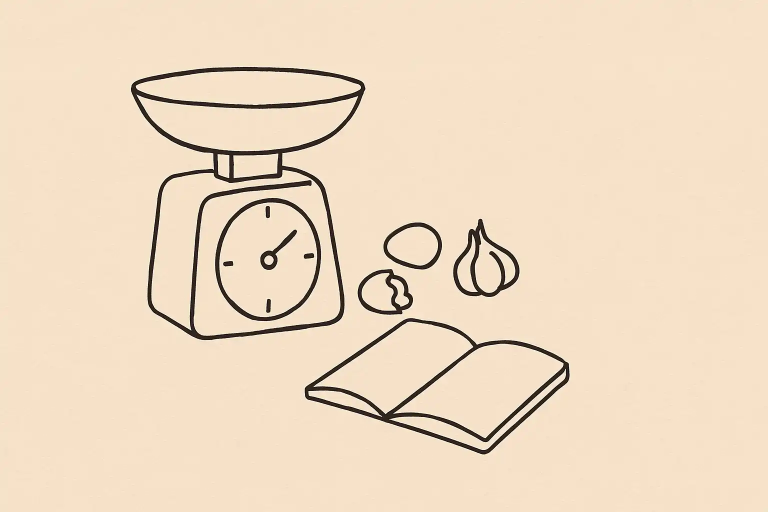 Kitchen scale with ingredients and open notebook