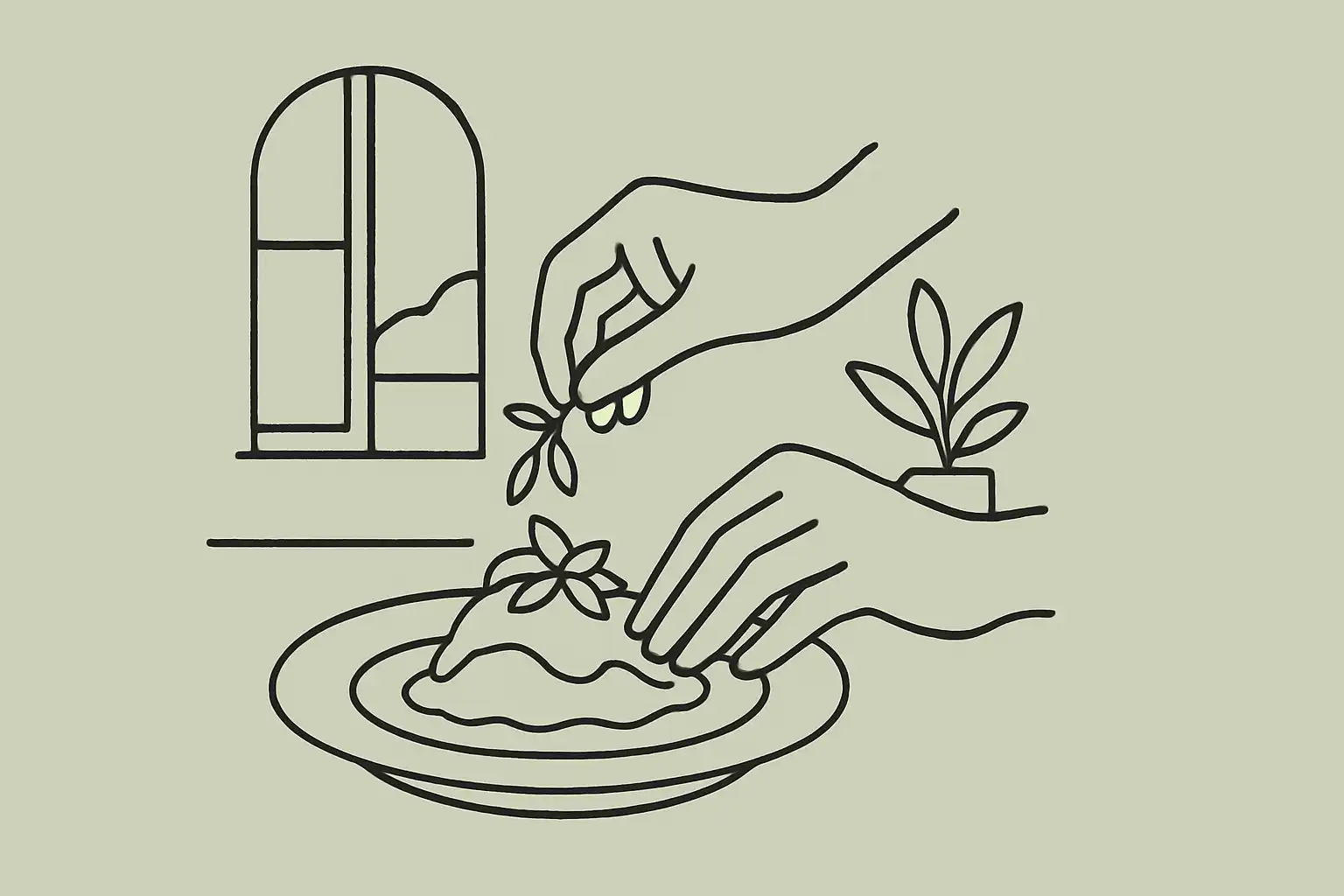 Chef plating a Mediterranean dish in a kitchen filled with natural light