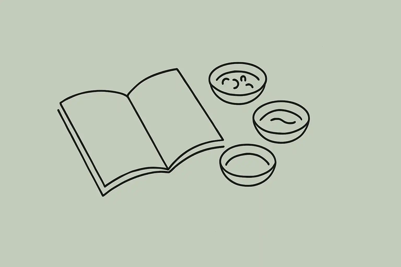 An open notebook beside small dishes on a bare surface, as if reviewing a menu before service