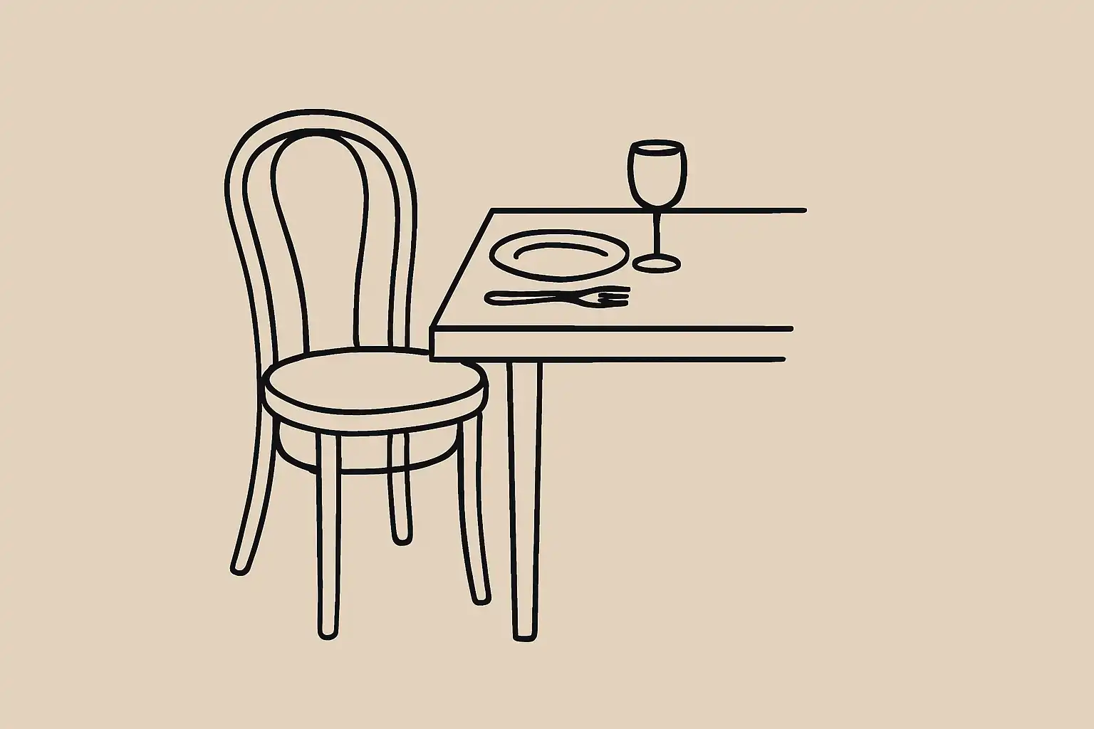 An empty restaurant table set for one, chair slightly pulled out