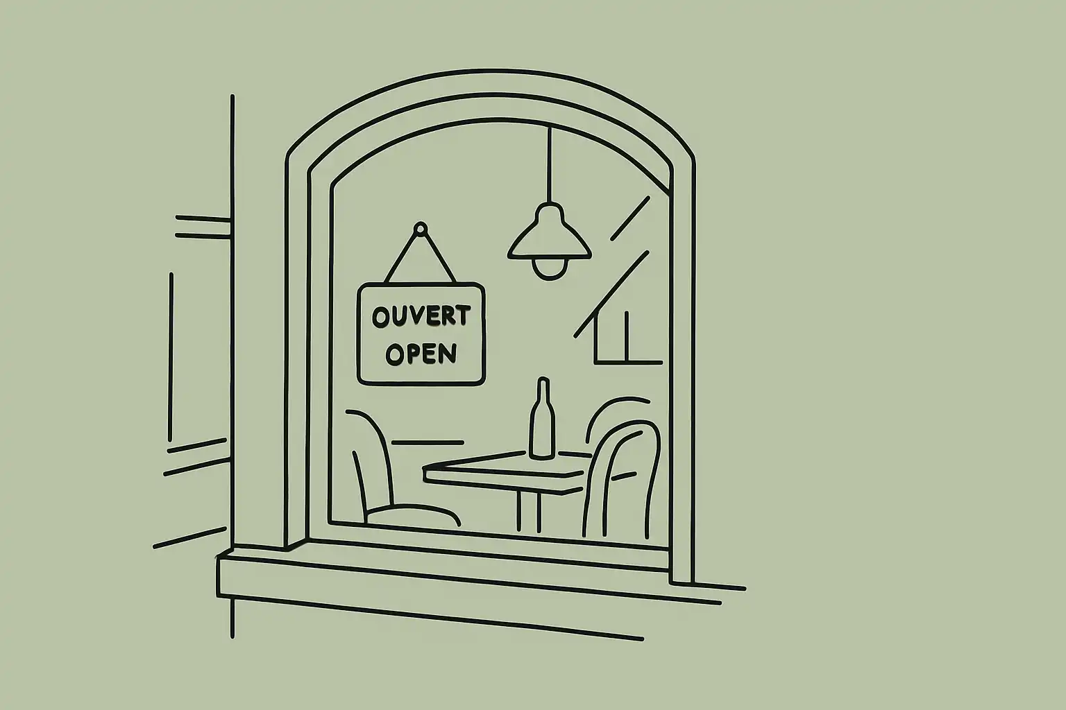 A Quebec restaurant storefront at dusk with a bilingual sign in the window