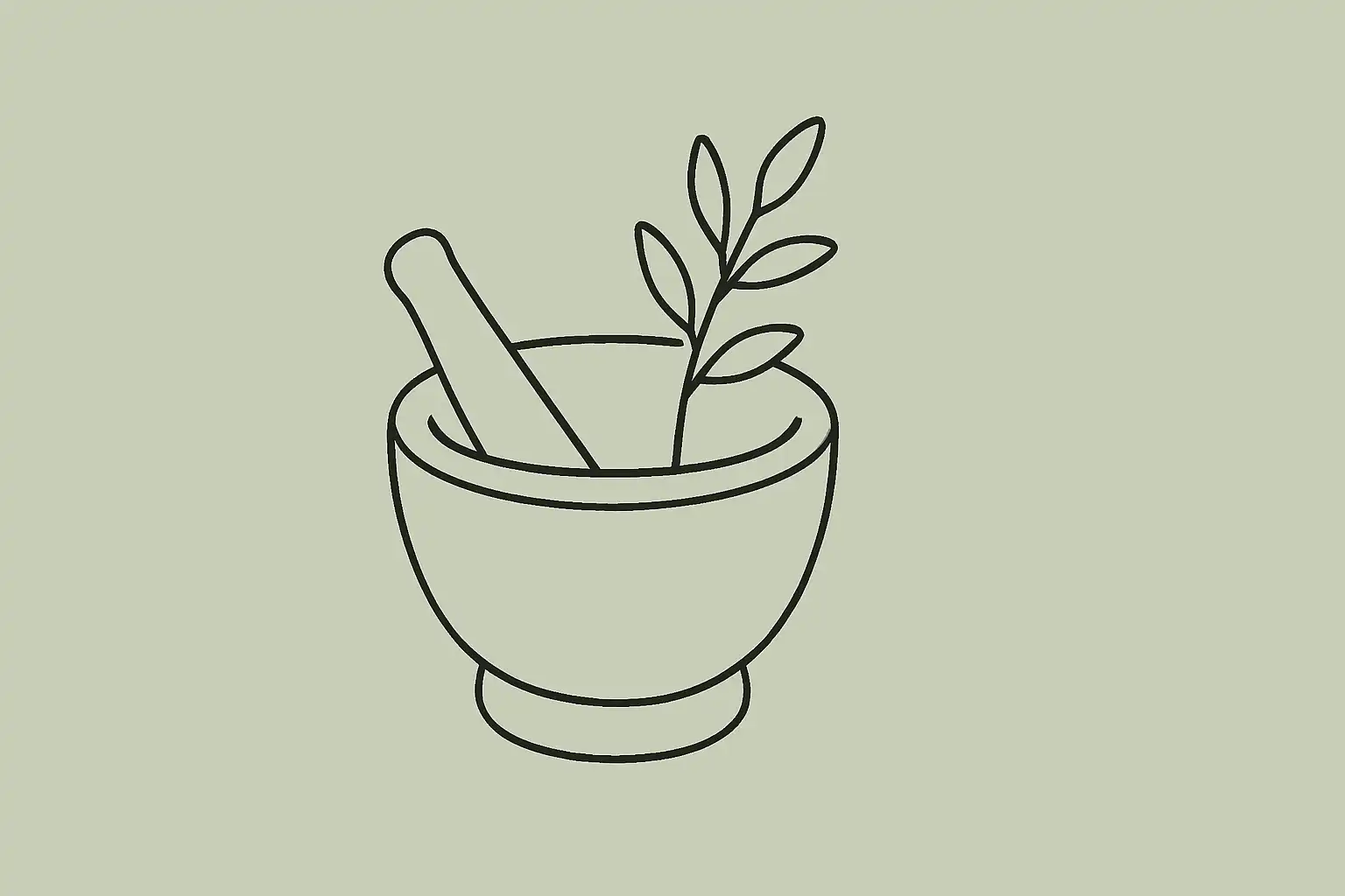 Mortier et pilon avec une branche d'herbe fraîche