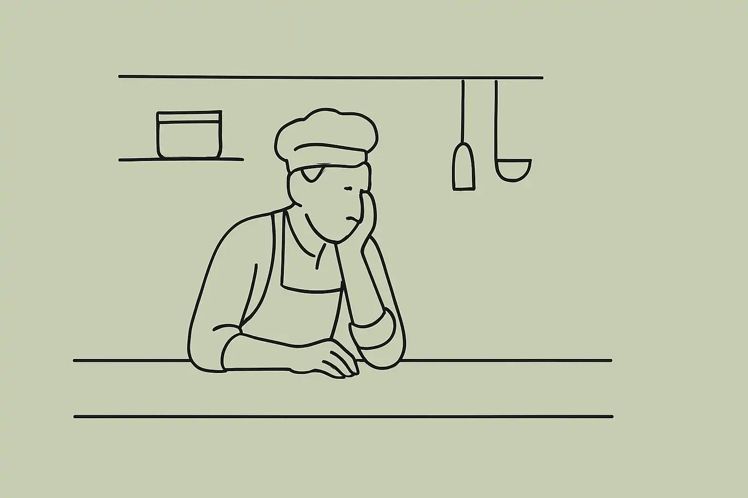 Empty restaurant counter at the end of service, quiet and still