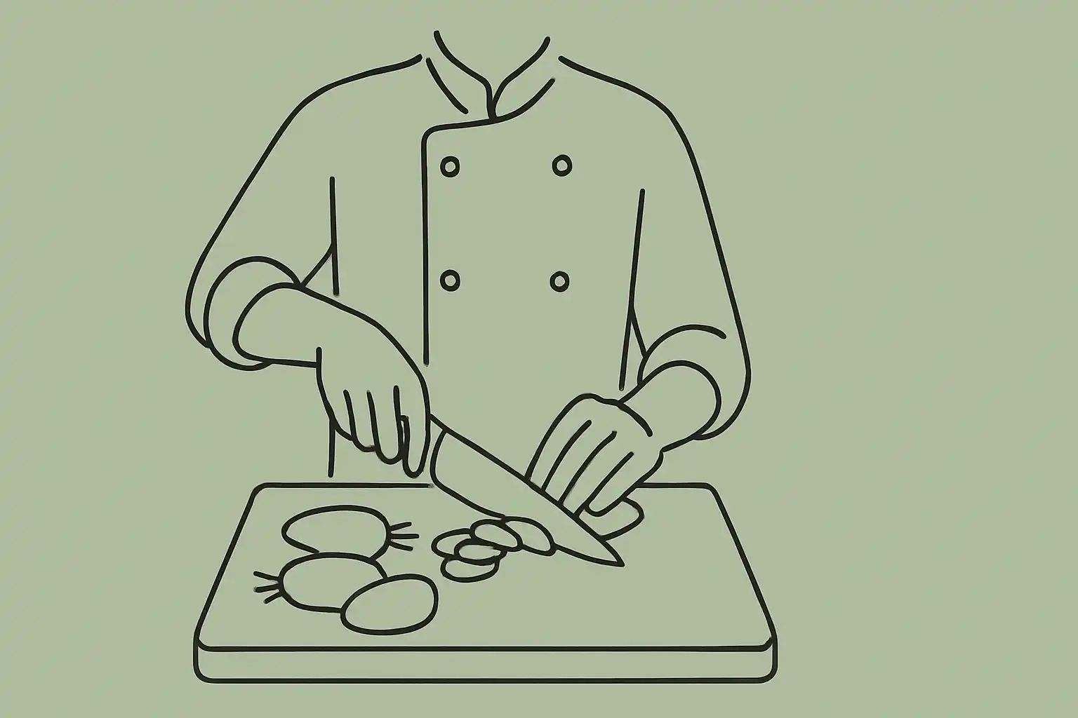 Illustration monoline d'un cuisinier préparant des ingrédients sur une planche de travail