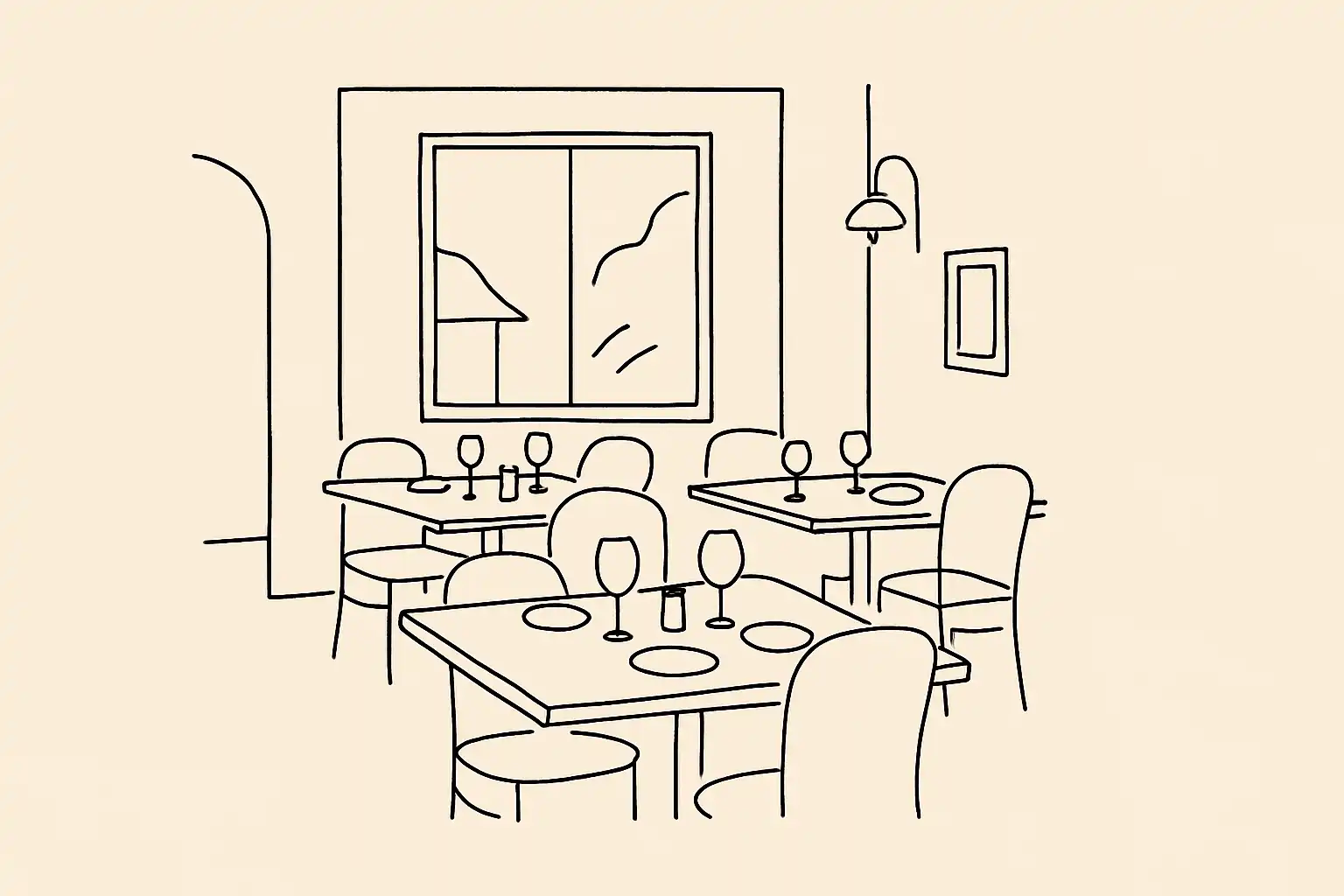 Empty restaurant dining room with morning light, tables set and ready before service