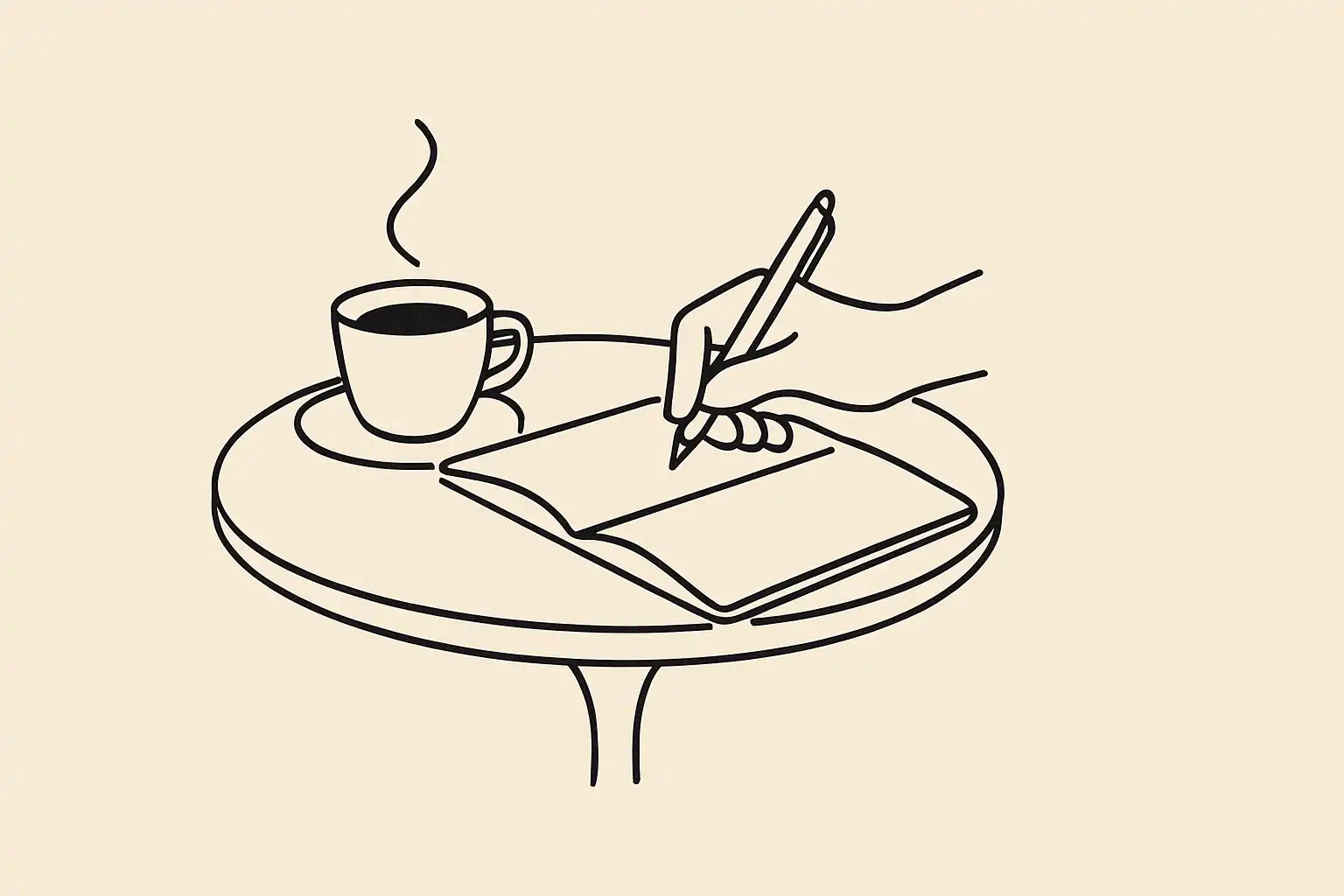 Une main tenant un stylo au-dessus d'un carnet ouvert sur une table de bistro