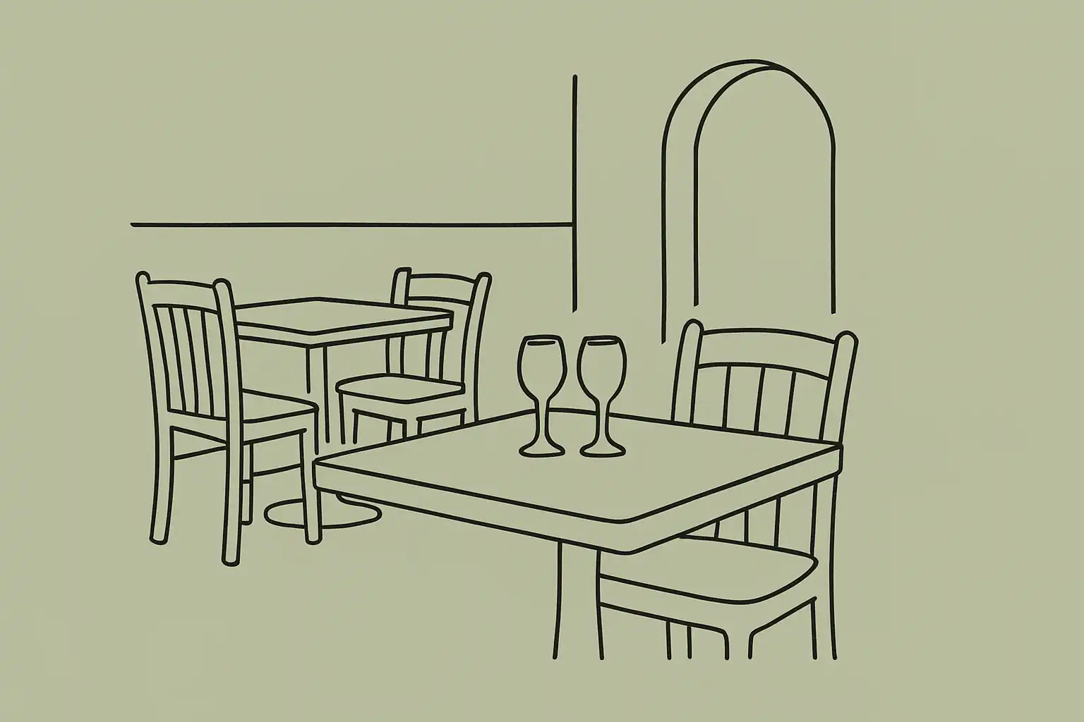 Empty restaurant interior with polished glasses and set tables, ready for service