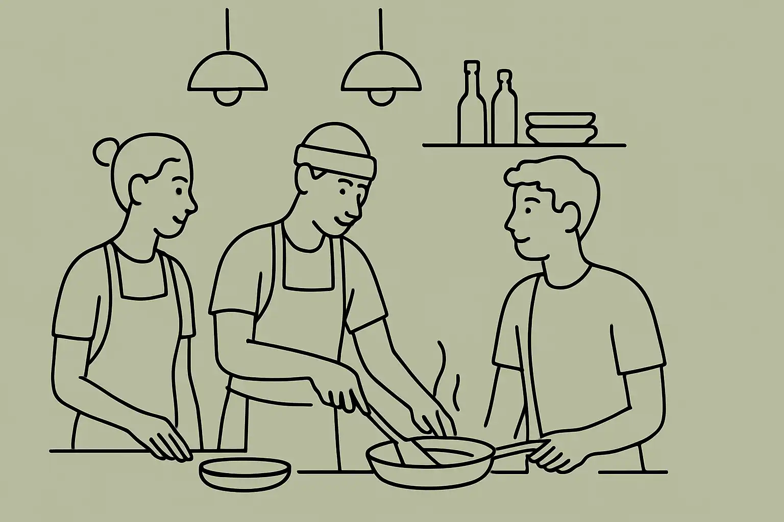 A small restaurant kitchen team working together during evening service