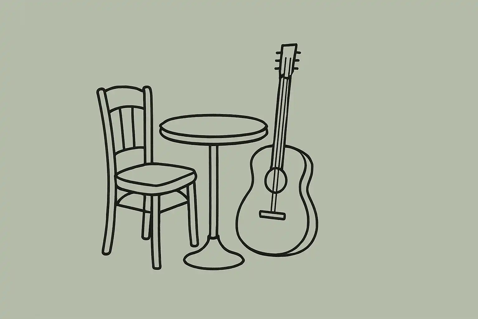 A guitar leaning against a restaurant chair, after hours