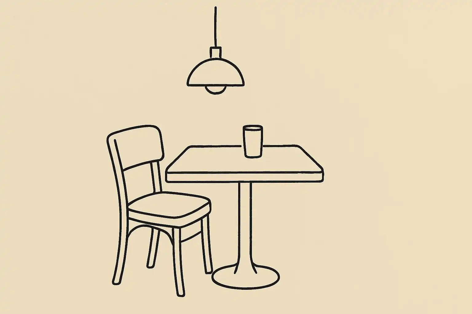 An empty restaurant table set with a single glass, chair pulled out, ready for a guest