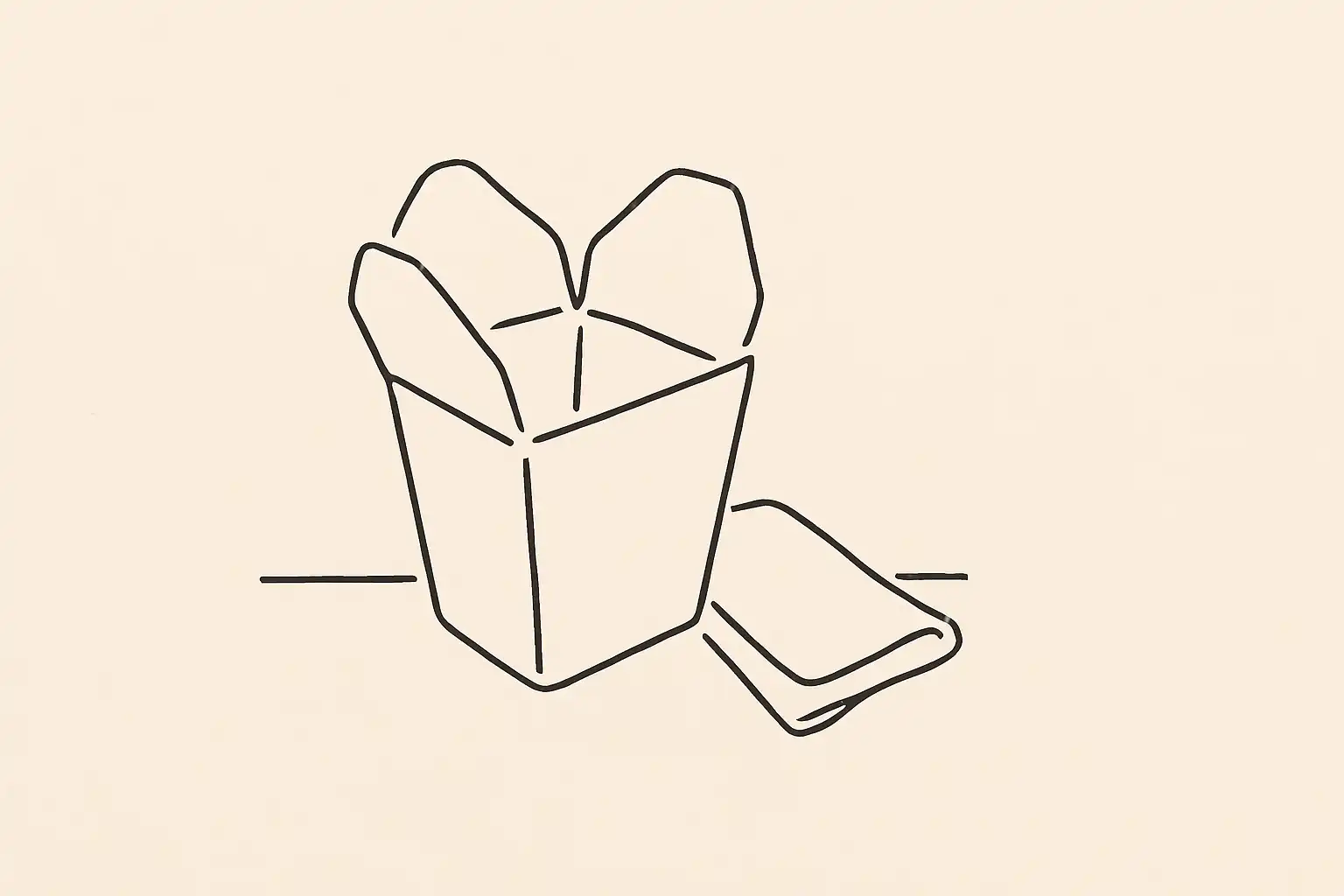 An open takeout container beside a folded cloth napkin on a restaurant counter