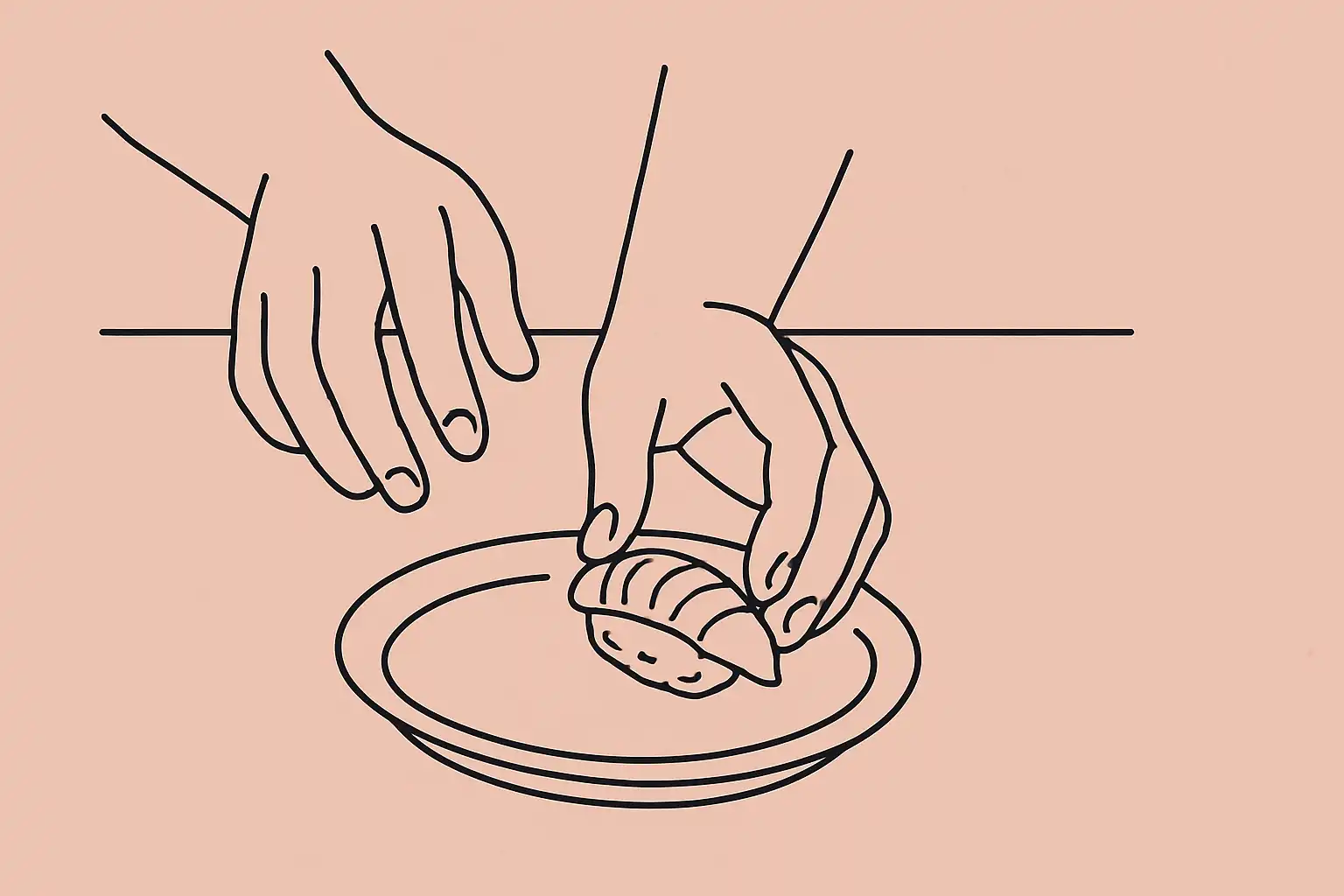 Mains d'un chef préparant un nigiri dans un petit comptoir sushi