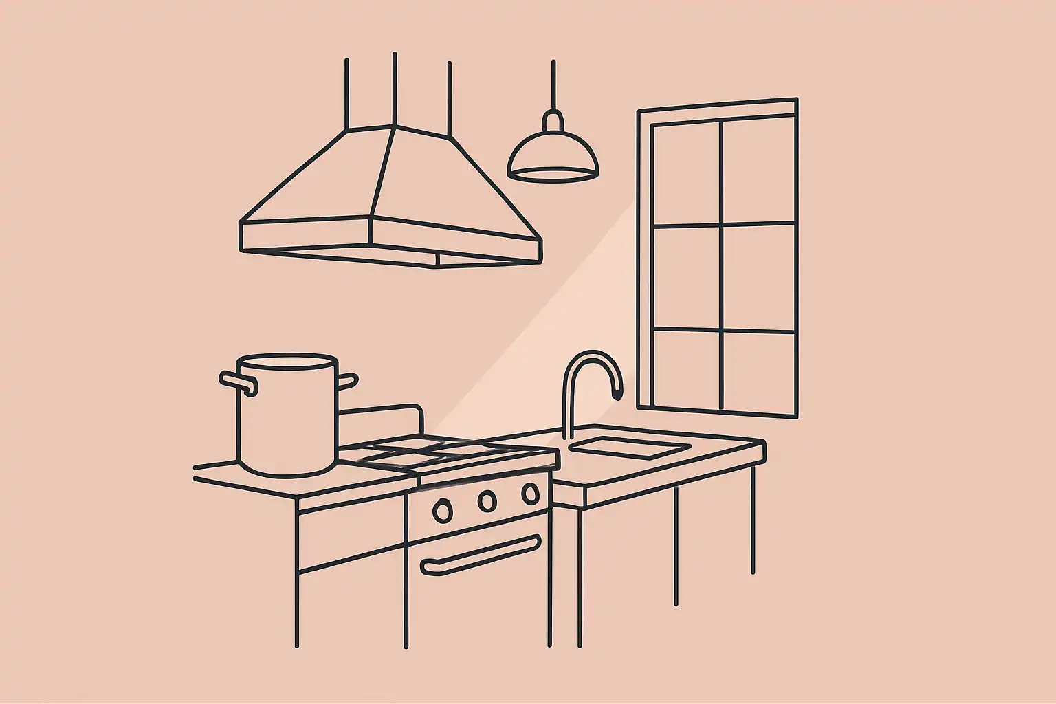 A quiet commercial kitchen in morning light, stainless steel equipment waiting for the day's service